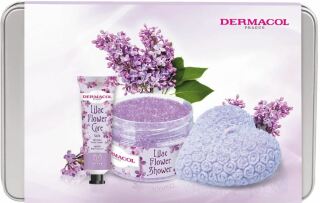 Dermacol Flower Lilac Care ajándékcsomag (testradír 200 g, kézkrém 30 ml, illatgyertya 130 g)